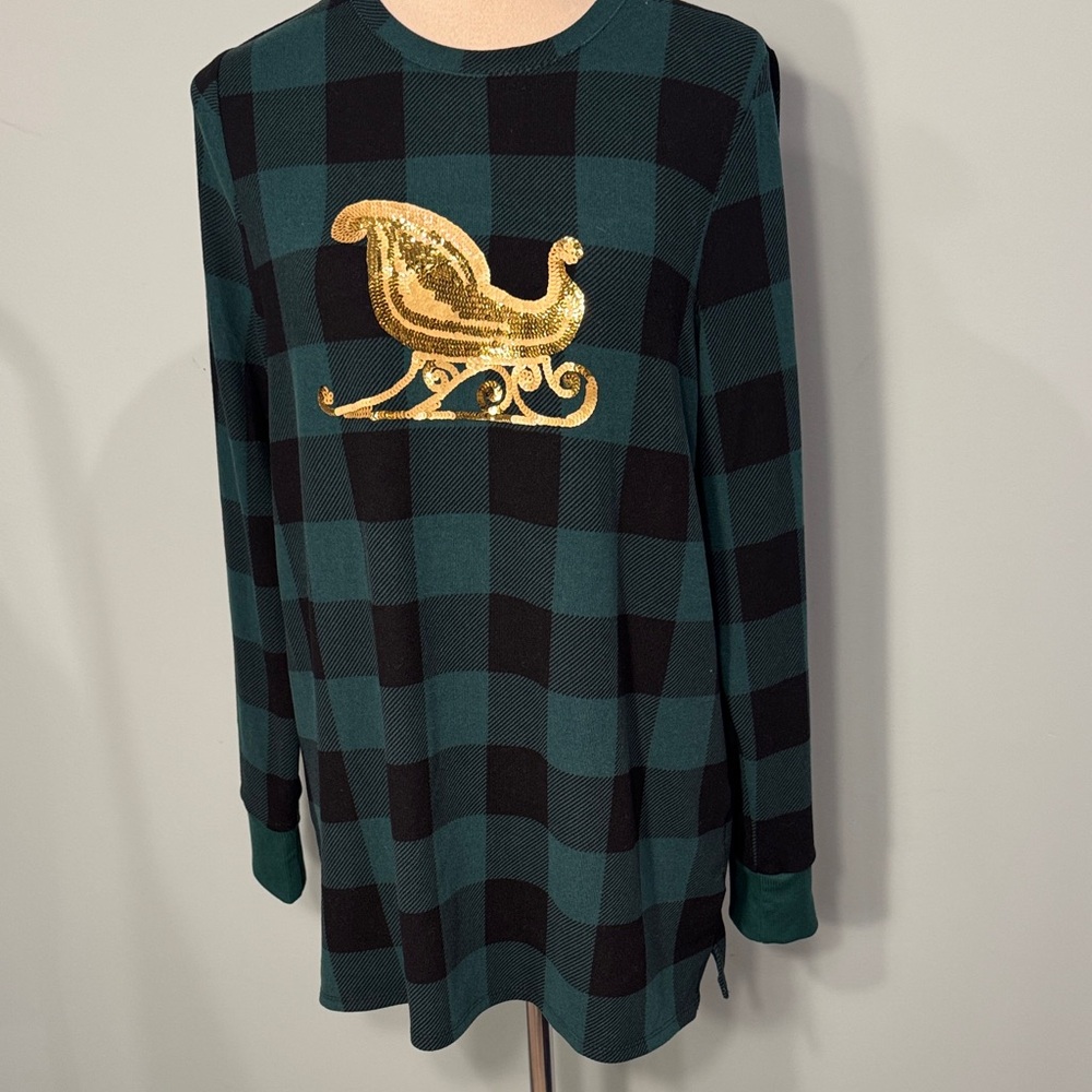 Quacker Factory green check top with Gold sequin Sleigh Size S Oversized